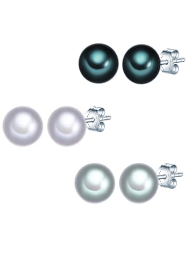 Valero Pearls Damen Perlenohrstecker 925/- Sterling Silber 3er Set Ohrstecker Süßwasser-Zuchtperlen 6-7 mm Button Pfauenblau Graublau Grau von Valero Pearls