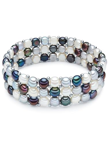 Valero Pearls Damen Perlenarmband mit Button Süßwasser-Zuchtperlen 5-6 mm Multicolor Weiß Silber Pfauenblau Messing Dreireihig - flexibel von Valero Pearls