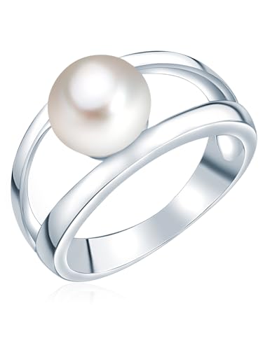 Valero Pearls Damen-Ring Hochwertige Süßwasser-Zuchtperlen in ca. 8 mm Button weiß 925 Sterling Silber - Perlenring mit echten Perle weiss 60201414 von Valero Pearls