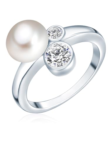 Valero Pearls Damen-Ring Hochwertige Süßwasser-Zuchtperlen in ca. 8 mm Button weiß 925 Sterling Silber Zirkonia weiß - Perlenring mit echten Perlen weiss 60200012 von Valero Pearls