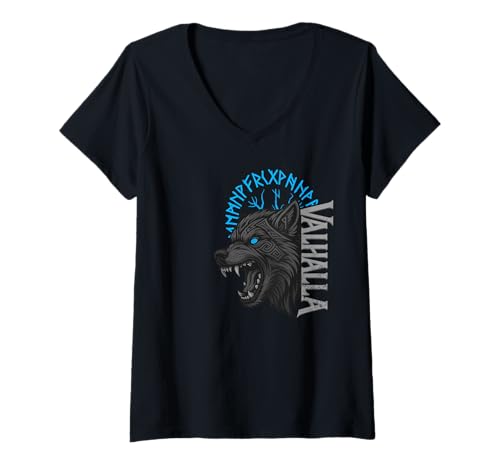 Damen Valhalla Wolf - nordische Wikinger Rune Wolfskopf T-Shirt mit V-Ausschnitt Damen Valhalla Wolf - nordische Wikinger Rune Wolfskopf T-Shirt mit V-Ausschnitt von Valhalla Spirits