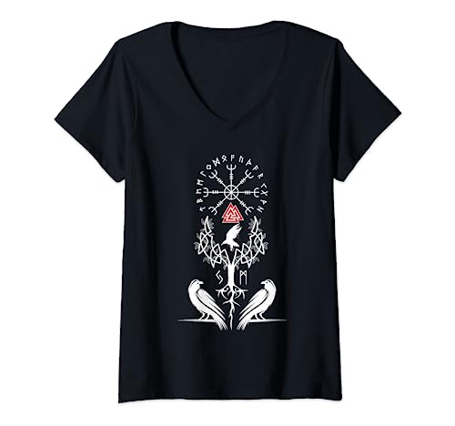 Damen Odins Raben Vegvísir Nordische Mythologie Valknut Yggdrasil T-Shirt mit V-Ausschnitt von Valhalla Vegvísir Nordische Mythologie Valknut