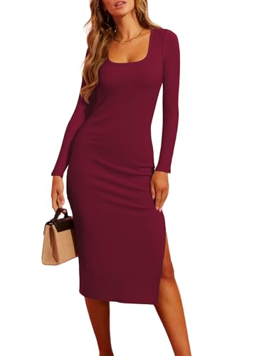 Valiamcep Damen Sommer Midi Bodycon Kleider Basic Square Neck Side Slit Rippstrick Fitted Casual Sleeveless Tank Dress, Z Purplish Red, Mittel von Valiamcep