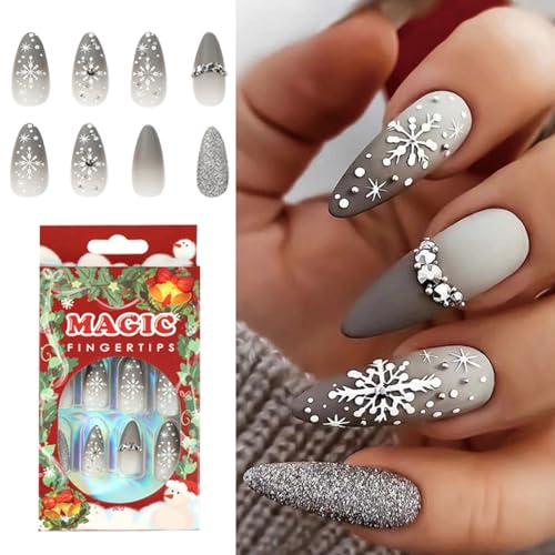 Valicaer Weihnachten Falsche Nägel,24Pcs Künstliche Nägel zum Aufdrücken Schneeflocke Mandel Nägel Tips Acryl Vollständige Abdeckung Künstliche Nägel Fingernägel für Frauen Mädchen Nail Art Dekoration von Valicaer