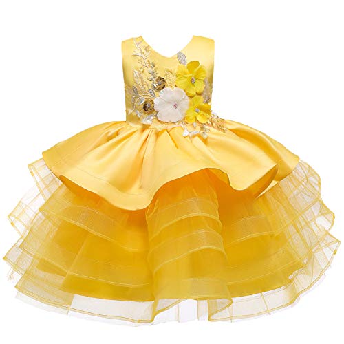 Valin Blumensmädchenkleid Prinzessin Kleid Gelb Festliches Kinder Mädchen Kleid Ohne Arm Gestickt Tüll Party Festliche Hochzeit Kleid 2-3 Jahre,V2022 von Valin