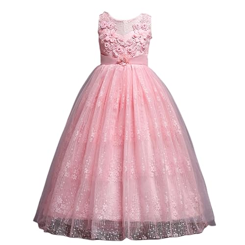 Valin Blumensmädchenkleid Prinzessin Kleid Rosa Festliches Kinder Mädchen Kleid Ohne Arm Spitze Tüll Party Festliche Hochzeit Kleid 7-8 Jahre,V831 von Valin