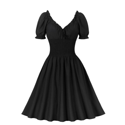 Valin Damen 1950er Jahre Vintage Retro Cocktailkleid Rockabilly Kleid Einfarbiges Gürtel Kurzarm Midi festliches Swing Kleid,Schwarz,S,D3252 von Valin