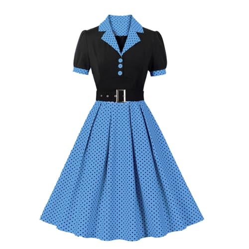Valin Damen 1950er Jahre Vintage Retro Cocktailkleid Rockabilly Kleid Pünktchen Knopfleiste Kurzarm Midi festliches Swing Kleid,Blau&Schwarz,XXL,D5173 von Valin