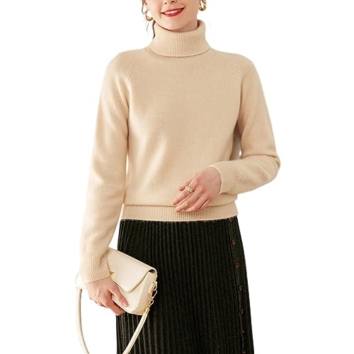 Valin Damen 95% Kaschmir Pullover Beige Rollkragen Langarm Strickpullover Kaschmir Wolle Einfarbige Relaxed Dicker Pullover,38,RMS3323 von Valin