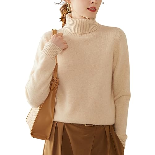 Valin Damen Kaschmir&Wolle Pullover Beige Rollkragen Langarm Strickpullover Einfarbige Relaxed Dicker Kaschmir Pullover,40,VS350 von Valin