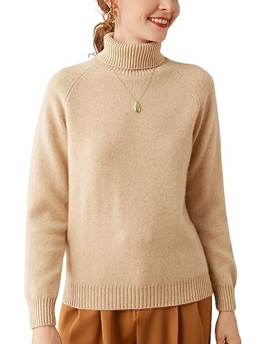 Valin Damen Kaschmir&Wolle Pullover Beige Rollkragen Langarm Strickpullover Einfarbige Relaxed Dicker Kaschmir Pullover,46,VD8006 von Valin