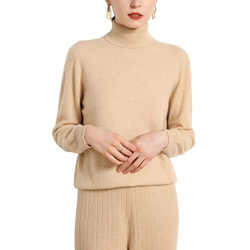 Valin Damen Kaschmir&Wolle Pullover Beige Rollkragen Langarm Strickpullover Einfarbige Relaxed Dünner Kaschmir Pullover,38,VM2214 von Valin
