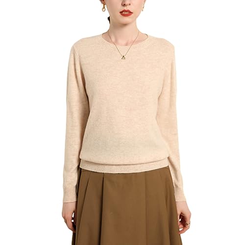 Valin Damen Kaschmir&Wolle Pullover Beige Rundhals Langarm Strickpullover Einfarbige Relaxed Dünner Kaschmir Pullover,40,VM2016 von Valin