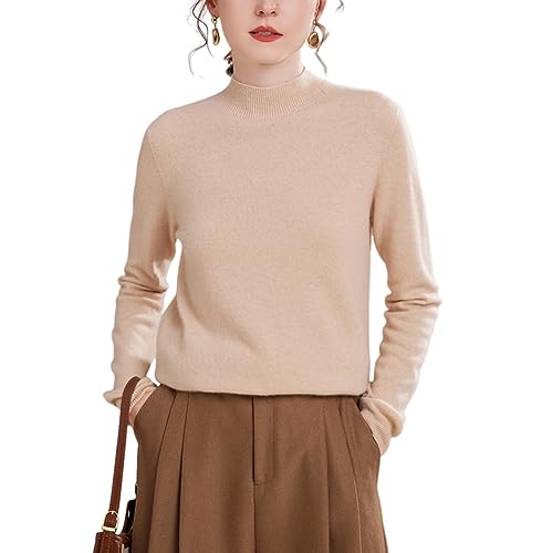 Valin Damen 95% Kaschmir Pullover Beige Stehkragen Langarm Strickpullover Kaschmir Wolle Einfarbige Relaxed Dünner Pullover,36,YZL501 von Valin