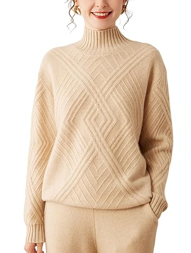 Valin Damen 95% Kaschmir Pullover Beige Stehkragen Langarm Strickpullover Kaschmir Wolle Karierter Relaxed Dicker Pullover,40,DF8085 von Valin