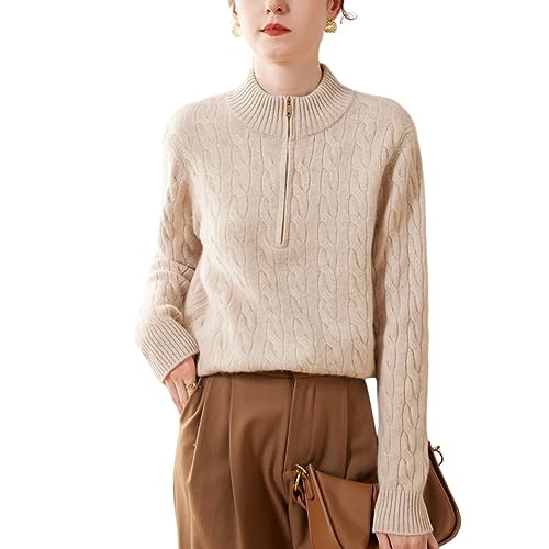 Valin Damen 95% Kaschmir Pullover Beige Stehkragen Langarm Strickpullover Kaschmir Wolle Zopfmuster Relaxed Dicker Pullover,40,SPR2358 von Valin