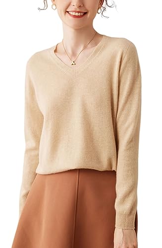 Valin Damen 95% Kaschmir Pullover Beige V-Ausschnitt Langarm Strickpullover Kaschmir Wolle Einfarbige Relaxed Dünner Pullover,38,DF8026 von Valin