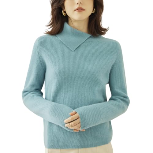 Valin Damen Kaschmir&Wolle Pullover Blau Revers Langarm Strickpullover Damen Einfarbige Relaxed Dicker Kaschmir Pullover,EU 38,VR33149 von Valin