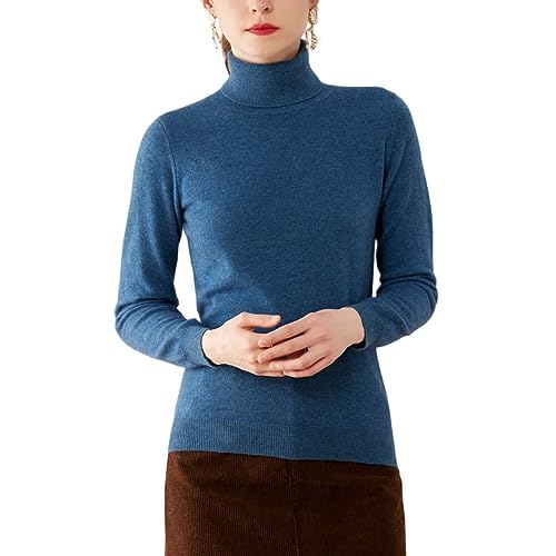 Valin Damen 95% Kaschmir Pullover Blau Rollkragen Langarm Strickpullover Kaschmir Wolle Einfarbige Relaxed Dünner Pullover,38,RMS3301 von Valin