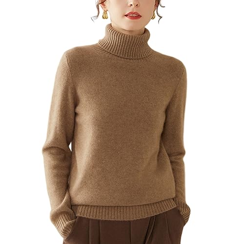 Valin Damen Kaschmir&Wolle Pullover Braun Rollkragen Langarm Strickpullover Einfarbige Relaxed Dicker Kaschmir Pullover,36,VS350 von Valin