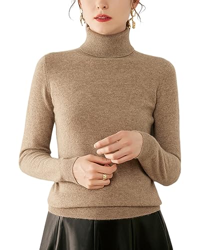 Valin Damen Kaschmir&Wolle Pullover Braun Rollkragen Langarm Strickpullover Einfarbige Relaxed Dünner Kaschmir Pullover,38,VR3301 von Valin