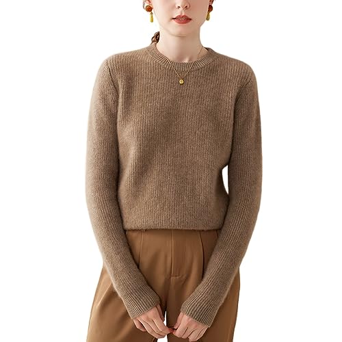 Valin Damen 95% Kaschmir Pullover Braun Rundhals Langarm Strickpullover Kaschmir Wolle Einfarbige Relaxed Dicker Pullover,42,SH370 von Valin