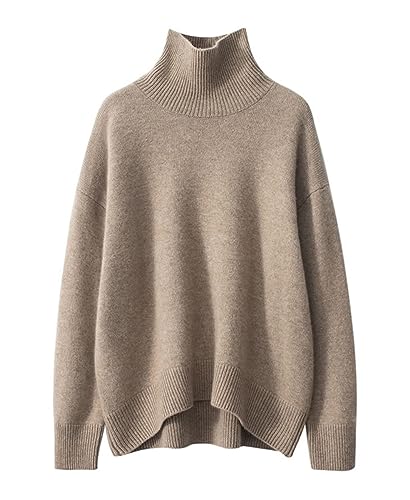 Valin Damen 95% Kaschmir Pullover Braun Stehkragen Langarm Strickpullover Kaschmir Wolle Einfarbige Relaxed Dicker Pullover,Einheitsgröße,ZSBR8306 von Valin