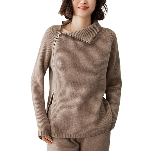 Valin Damen Kaschmir&Wolle Pullover Braun Stehkragen Langarm Strickpullover Reißverschluss Relaxed Dicker Kaschmir Pullover,38,VY2333 von Valin