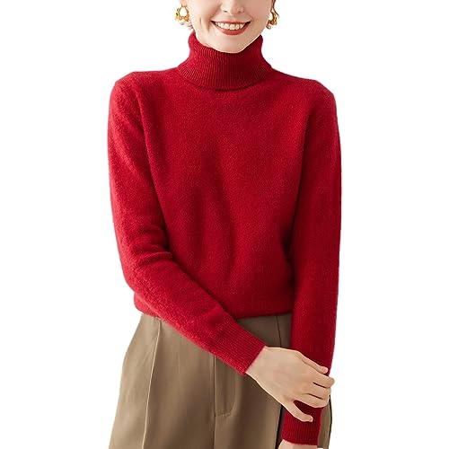 Valin Damen 95% Kaschmir Pullover Burgund Rollkragen Langarm Strickpullover Kaschmir Wolle Einfarbige Relaxed Dicker Pullover,40,SH350 von Valin