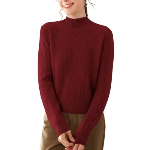 Valin Damen Kaschmir&Wolle Pullover Burgunderrot Stehkragen Langarm Strickpullover Damen Karierter Relaxed Dicker Kaschmir Pullover,EU 38,VS523 von Valin