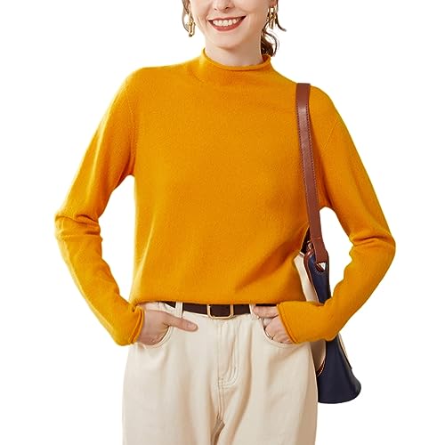 Valin Damen Kaschmir&Wolle Pullover Dunkelgelb Stehkragen Langarm Strickpullover Einfarbige Relaxed Dünner Kaschmir Pullover,40,VYZ502 von Valin