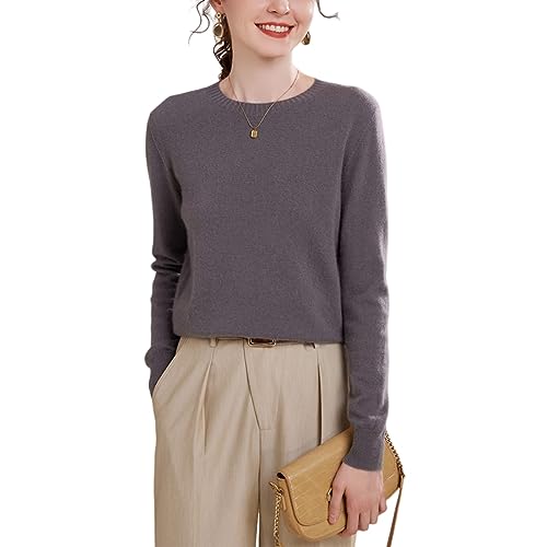 Valin Damen Kaschmir&Wolle Pullover Dunkelgrau Rundhals Langarm Strickpullover Einfarbige Relaxed Dünner Kaschmir Pullover,38,VYZ2302 von Valin