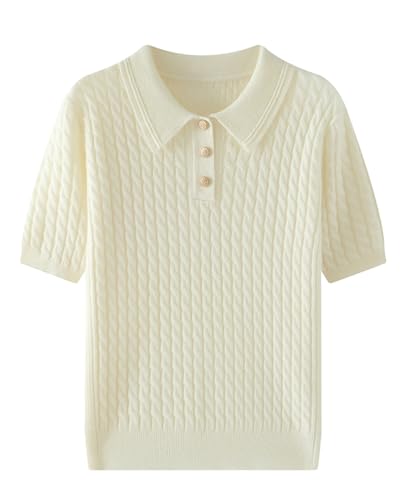 Valin Damen Kaschmir&Wolle Pullover Elfenbein Revers Kurzarm Strickpullover Damen Zopfmuster Schlanker Dicker Kaschmir Pullover,EU 36,VM2408 von Valin