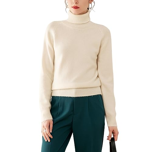 Valin Damen 95% Kaschmir Pullover Elfenbein Rollkragen Langarm Strickpullover Kaschmir Wolle Einfarbige Relaxed Dicker Pullover,40,RMS3323 von Valin