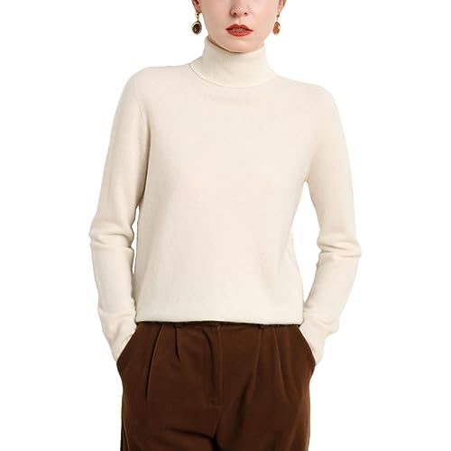 Valin Damen 95% Kaschmir Pullover Elfenbein Rollkragen Langarm Strickpullover Kaschmir Wolle Einfarbige Relaxed Dünner Pullover,38,MZ2214 von Valin