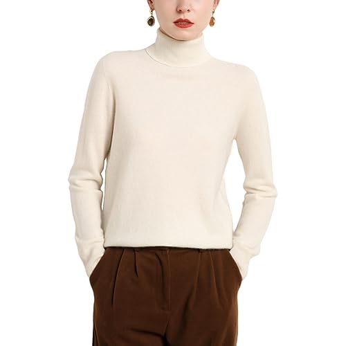 Valin Damen Kaschmir&Wolle Pullover Elfenbein Rollkragen Langarm Strickpullover Einfarbige Relaxed Dünner Kaschmir Pullover,40,VM2214 von Valin