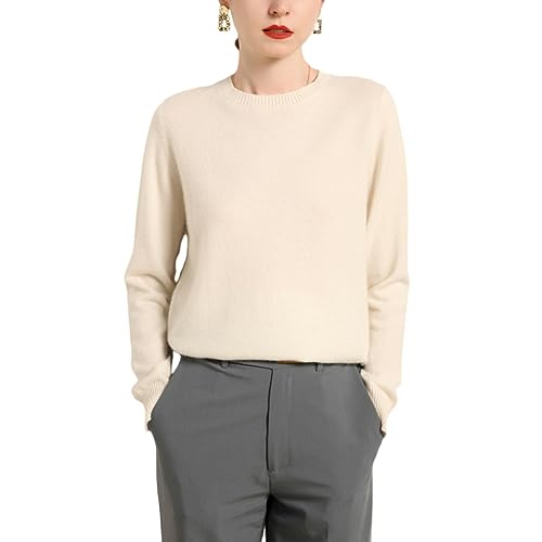 Valin Damen Kaschmir&Wolle Pullover Elfenbein Rundhals Langarm Strickpullover Einfarbige Relaxed Dünner Kaschmir Pullover,40,VM2016 von Valin