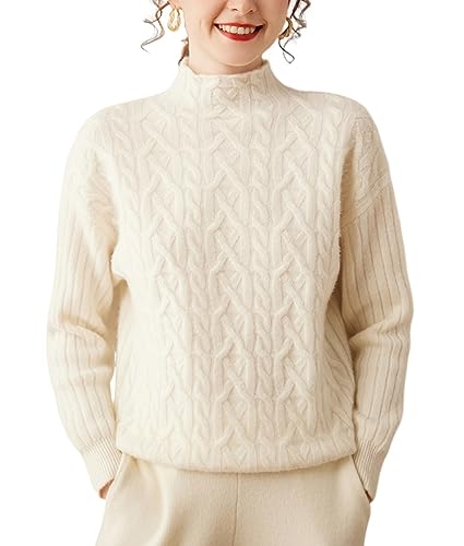 Valin Damen 95% Kaschmir Pullover Elfenbein Stehkragen Langarm Strickpullover Kaschmir Wolle Zopfmuster Relaxed Dicker Pullover,40,DF8007 von Valin