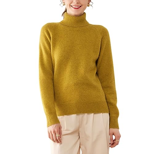 Valin Damen 95% Kaschmir Pullover Gelb Rollkragen Langarm Strickpullover Kaschmir Wolle Einfarbige Relaxed Dicker Pullover,34,RMS3323 von Valin