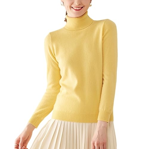 Valin Damen 95% Kaschmir Pullover Gelb Rollkragen Langarm Strickpullover Kaschmir Wolle Einfarbige Relaxed Dünner Pullover,38,RMS3301 von Valin