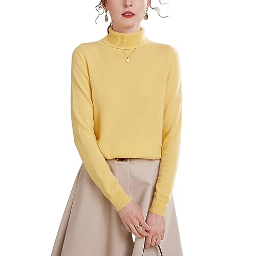Valin Damen Kaschmir&Wolle Pullover Gelb Rollkragen Langarm Strickpullover Einfarbige Relaxed Dünner Kaschmir Pullover,42,VYZ503 von Valin