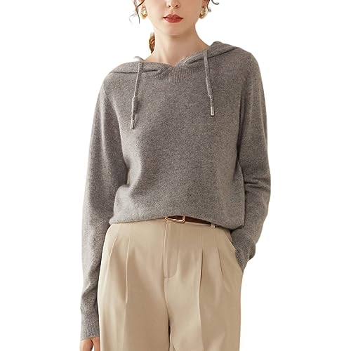 Valin Damen Kaschmir&Wolle Pullover Grau Kapuzen Langarm Strickpullover Einfarbige Relaxed Dünner Kaschmir Pullover,34,VS312 von Valin