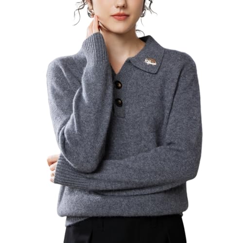 Valin Damen Kaschmir&Wolle Pullover Grau Revers Langarm Strickpullover Damen Einfarbige Relaxed Dicker Kaschmir Pullover,EU 44,VZ8419 von Valin