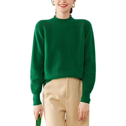 Valin Damen Kaschmir&Wolle Pullover Grün Stehkragen Langarm Strickpullover Einfarbige Relaxed Dicker Kaschmir Pullover,42,VR3334 von Valin