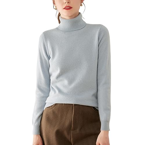 Valin Damen Kaschmir&Wolle Pullover Hellblau Rollkragen Langarm Strickpullover Einfarbige Relaxed Dünner Kaschmir Pullover,36,VR3301 von Valin