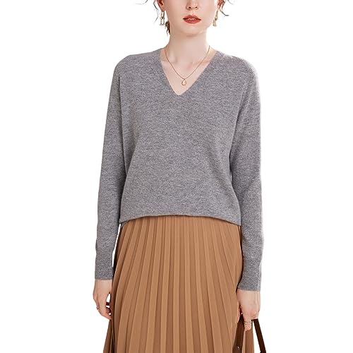 Valin Damen 95% Kaschmir Pullover Hellgrau V-Ausschnitt Langarm Strickpullover Kaschmir Wolle Einfarbige Relaxed Dünner Pullover,38,YZL2303 von Valin