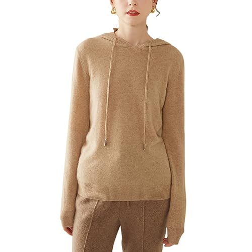 Valin Damen Kaschmir&Wolle Pullover Kamel Kapuzen Langarm Strickpullover Einfarbige Relaxed Dünner Kaschmir Pullover,42,VS312 von Valin
