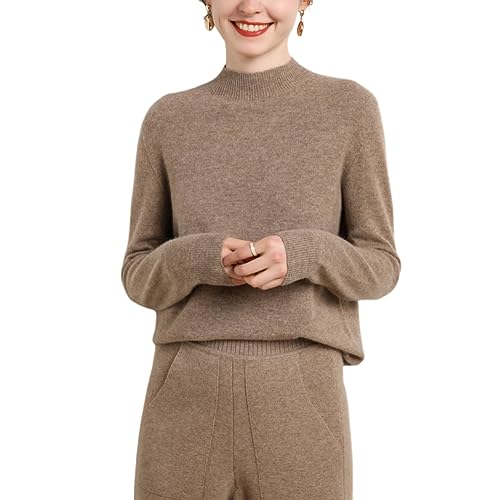 Valin Damen 95% Kaschmir Pullover Kamel Stehkragen Langarm Strickpullover Kaschmir Wolle Einfarbige Relaxed Dünner Pullover,34,MZ2221 von Valin