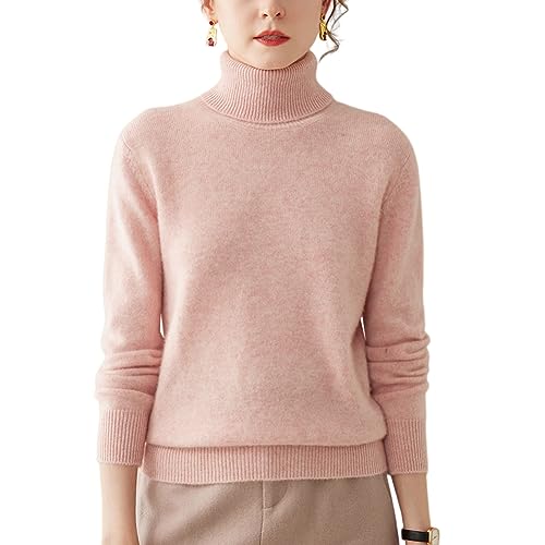 Valin Damen Kaschmir&Wolle Pullover Rosa Rollkragen Langarm Strickpullover Einfarbige Relaxed Dicker Kaschmir Pullover,42,VS350 von Valin