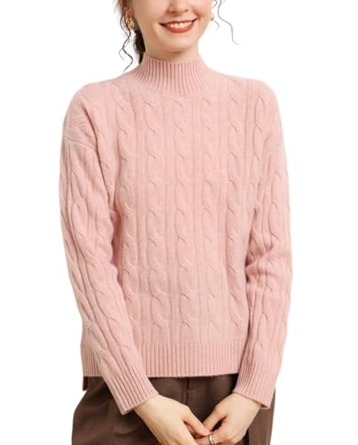 Valin Damen Kaschmir&Wolle Pullover Rosa Stehkragen Langarm Strickpullover Damen Zopfmuster Relaxed Dicker Kaschmir Pullover,EU 42,VM2429 von Valin
